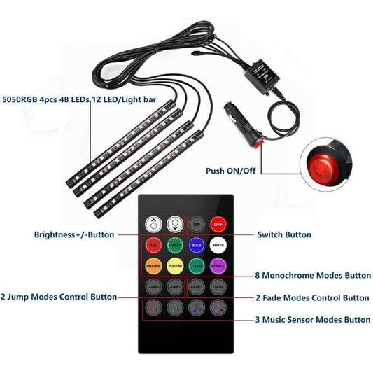 4 PCs Remote Control RGB LED Music Strip Lights For Car Interior