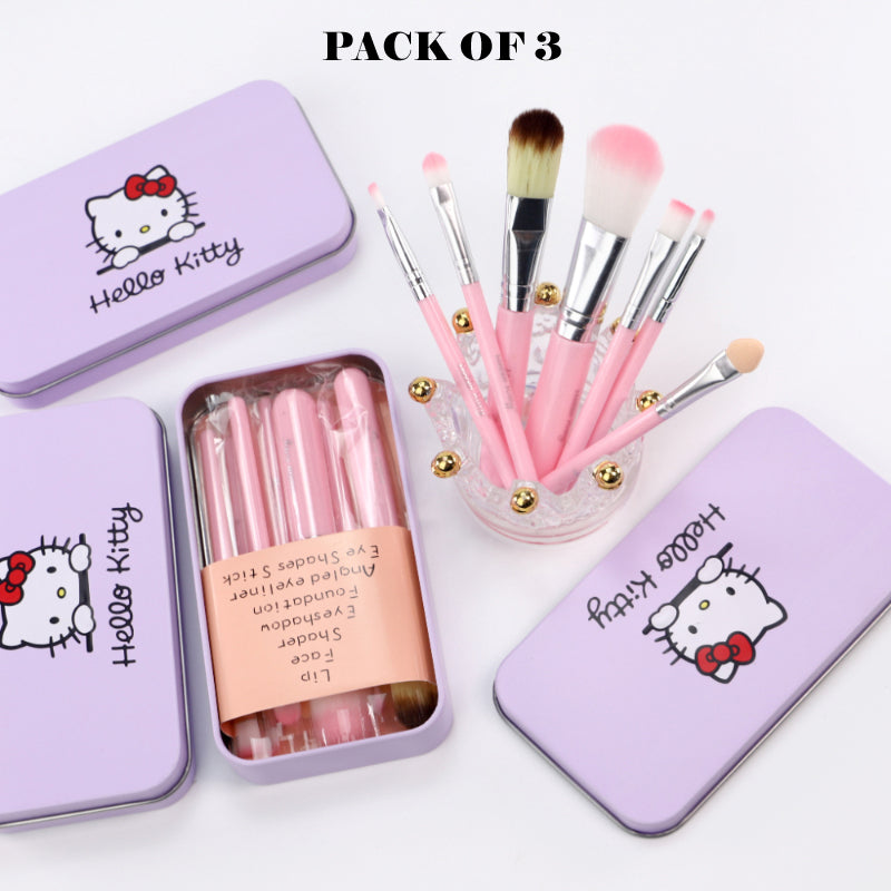 Pack Of 3 Cute Mini Hello Kitty 7PCS Makeup Brush Kit